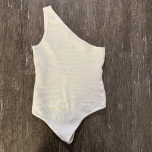 Abercrombie Fitch White Ribbed One Shoulder Thong Bodysuit XS